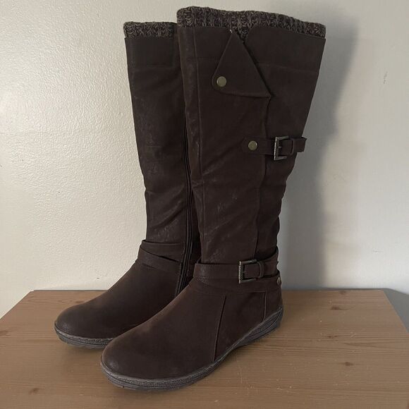 Austin Trading Co Faux Nubuck Boots Women 9.5 Knee High Buckle Straps Brown - Picture 1 of 11